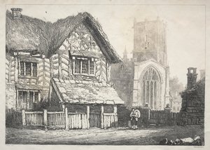 En serie gamla byggnader och lantliga stugor i norra England: Helmsley, 1821. av Samuel Prout