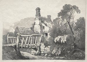En serie gamla byggnader och lantliga stugor i norra England: Near Byland, 1821. av Samuel Prout