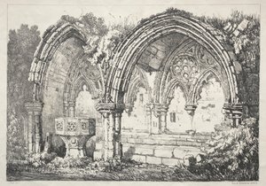 En serie gamla byggnader och lantliga stugor i norra England: Del av Kirkham Abbey, 182 av Samuel Prout
