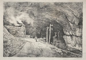 En serie gamla byggnader och lantliga stugor i norra England: Peak Cavern, 1821. av Samuel Prout