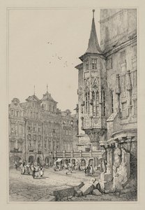 Facisimilies av skisser gjorda i Flandern och Tyskland: Hotel de Ville, Prag av Samuel Prout