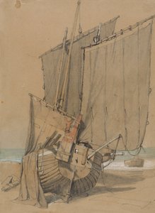 Fiskebåtar på stranden med segeltorkning av Samuel Prout