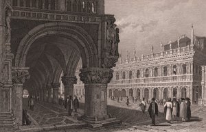 Förkortning av arkad av Dogepalatset (Palazzo Ducale) med utsikt över Markusplatsen och bibliotekspalatset, Venedig, Veneto, Italien, stålstick efter teckning av Samuel Prout (1783-1852), cirka 15x11,5 cm av Samuel Prout