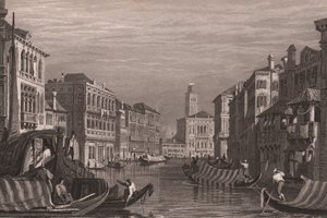 Gondoler på Canal Grande (Canal Grande), Venedig, Veneto, Italien, stålstick efter teckning av Samuel Prout (1783-1852), cirka 15x11,5 cm av Samuel Prout