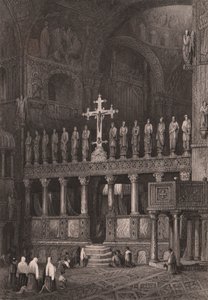 Ikonostas i Markuskyrkan (Basilica di San Marco), Venedig, Veneto, Italien, stålstick efter teckning av Samuel Prout (1783-1852), cirka 15x11,5 cm