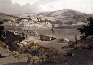 Landskap, med flod och by av Samuel Prout