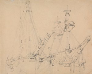 Studie av två upplagda segelfartyg av Samuel Prout