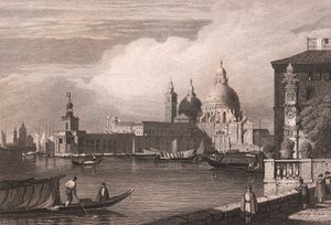 Vy över Canal Grande (Canal Grande) med Punta della Dogana och Basilica di Santa Maria della Salute i bakgrunden, Venedig, Veneto, Italien, stålstick efter teckning av Samuel Prout (1783-1852), cirka 15x11,5 cm av Samuel Prout