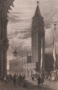 Vy över Markus klocktorn i Venedig, Veneto, Italien, stålstick efter teckning av Samuel Prout (1783-1852), cirka 15x11,5 cm av Samuel Prout