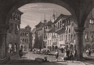Utsikt över torget i Domodossola, Piemonte, Italien, stålgravyr från en teckning av Samuel Prout (1783-1852), ca 16x11 cm av Samuel Prout