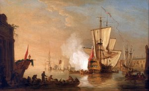 Brittiskt krigsfartyg avfyrar kanonen för att hälsa vid ankomsten till hamnen, vars byggnader påminner om en hamn i Medelhavet. Olja på duk, cirka 1765, av Samuel Scott (1702-1772).