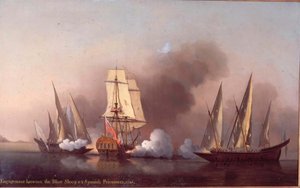 Förlovningen mellan Blast Sloop och två spanska kapare av Samuel Scott