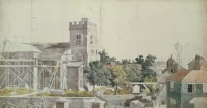 Twickenham Church under Scaffolding, 1700-talet (wc, penna och bläck på papper) av Samuel Scott