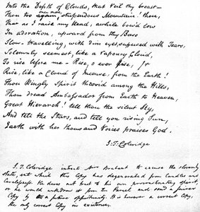 Sista raderna av Coleridges dikt Hymn before Sunrise in the Vale of Chamouni, skriven med poeternas egen handstil och skickad i ett brev till Mrs Brabant of Devizes, 1815