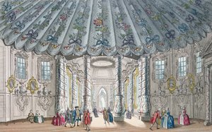 Interiörvy av det eleganta musikrummet i Vauxhall Gardens, graverad av H. Roberts, 1752 (handfärgad gravyr) av Samuel Wale