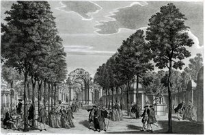 Triumfbågarna, Händels staty i Vauxhall Gardens södra promenadstråk, graverad av John S. Muller (handkolorerad etsning och gravyr) av Samuel Wale