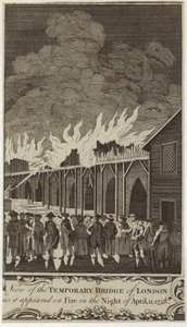 Utsikt över den tillfälliga bron i London när den såg ut i brand natten till den 11 april 1758 av Samuel Wale