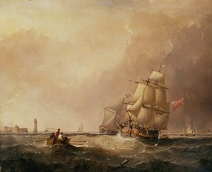 En utsikt över Merseys hamn och en utsikt över sjöfarten utanför Douglas, Isle of Man (olja på panel)