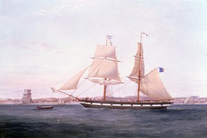 Maria Helena utanför Lissabon med tornet i Belem bortom fören