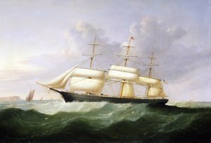 Fartyget "Palestine", med fulla segel, under Förenta staternas (USA) flagg, byggt 1854, avsett för passagerartransport på den transatlantiska linjen av Samuel Walters