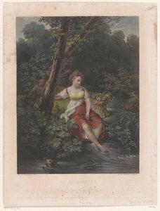 Ung kvinna med krans av blommor och fötter i vattnet La Baigneuse (titel på objekt) av Samuel William Reynolds (I)