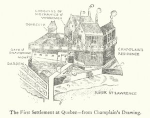 Den första franska bosättningen i Quebec, tidigt 1600-tal (litho)