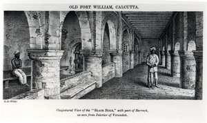 Gamla Fort William, Calcutta, med en förmodad vy av det "svarta hålet", med en del av baracken, sett från verandans inre