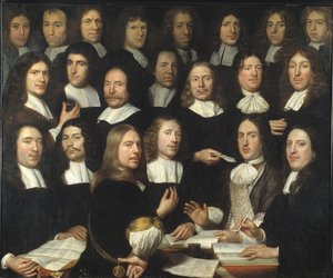 Gruppporträtt av myntmästarna i Dordrecht (Portrait de groupe des maitres et des officers de la monnaie de Dordrecht) - Peinture de Samuel Dirksz van Hoogstraten (1627-1678) - 1674 - Olja på duk - 139,5x166 - Dordrechts Museum av Samuel van Hoogstraten