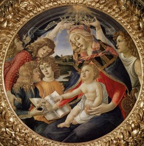 Madonna från Magnificat eller Jungfru med barn och fem änglar (tempera på trä av Sandro Botticelli