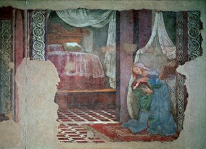 Jungfrun av bebådelsen detalj. Fresk av Alessandro di Mariano dei Filipepi dit Sandro Botticelli (1445-1510). 1481 Sön. 245x535 cm Florens, Uffizigalleriet (Kontor) av Sandro Botticelli