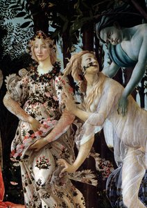 Våren. Detalj: Zephyr som griper nymfen Chloris bär en genomskinlig slöja och Flora i sin blomklänning (Målning av Sandro Botticelli