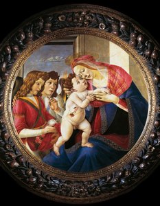 Jungfru och barn och två änglar (tempera på trä, ca 1490) av Sandro Botticelli