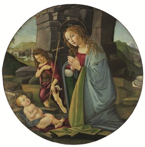 Madonnan som tillber Jesusbarnet med den unge Johannes Döparen (tempera och olja på pannå) av Sandro (and workshop) Botticelli
