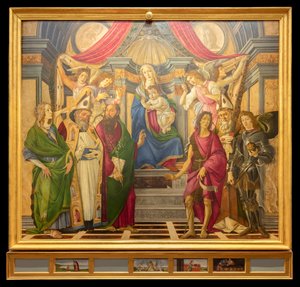 Altartavla, huvudpanel: tronande madonna, fyra änglar och helgon av Sandro Botticelli