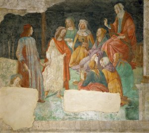En ungdom (Lorenzo Tornabuoni?) förs in i den av Minerva av Sandro Botticelli