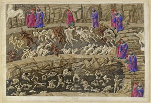 La Divina Commedia, Inferno XVIII. Vergilius och Dante i helvetets åttonde krets (Malebolge), 1:a och 2:a bolgia: Straffet för hallickar och förförare, smickrare och horor av Sandro Botticelli