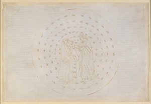 La Divina Commedia, Paradiso VII. Den andra planetsfären (Merkuriushimlen): Beatrice introducerar Dante till svåra frågor om den gudomliga rättvisan, den mänskliga arvsynden och frälsningen genom Kristi död av Sandro Botticelli