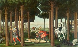 Den eftersökta kvinnans urtagning: Scen II i berättelsen om Nastagio degli Onesti, ca 1483 (tempera på panel)