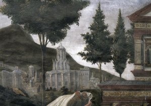 Reningen av den spetälske och Kristi frestelse, i Sixtinska kapellet: detalj av en imaginär stad i ett landskap, fresk från 1481 av Sandro Botticelli