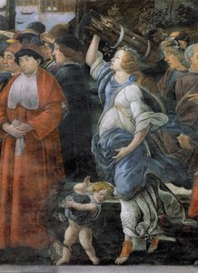 Reningen av den spetälske och Kristi frestelse, i Sixtinska kapellet: detalj av kvinna som bär ved och liten pojke som bär vindruvor, fresk från 1481 av Sandro Botticelli