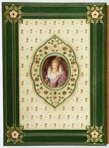 Ett ovalt porträtt av drottning Elizabeth I (grönt levant marockoläder, krämvattnat siden, safirer, pai) av Sangorski and Sutcliffe