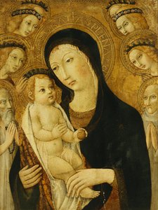 Madonnan och barnet, med de heliga Anthony Abbott och Bernadino från Siena, omgiven av änglar, av Sano di Pietro