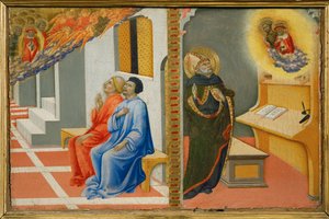 Efter hans död framträder Saint Jerome för Sulpice Severius, sedan för Saint Augustine, tillsammans med Saint John Baptist ... av Sano di also Ansano di Pietro di Mencio Pietro