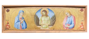 Kristus som sorgens man mellan jungfru Maria och evangelisten Johannes av Sano di also Ansano di Pietro di Mencio Pietro