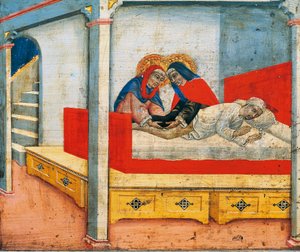 De heliga Cosmas och Damian fäster Etiopians ben på sacristan (mirakel av Etiopians ben), scen från predella av Madonna och Barn med änglar och helgon, av Sano di Pietro (1405-1481), panel
