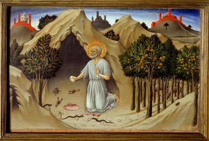 Scen av Sankt Hieronymus liv: "" Sankt Hieronymus ånger" Målning av Sano di Pietro (1406-1481) 1400-talet. Sol 0,23x0,36 m av Sano di also Ansano di Pietro di Mencio Pietro