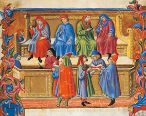 Handelstribunalens miniatyr från köpmännens stadgar av Sano di Pietro (1472), Italien 1400-talet.