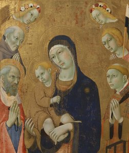 Jungfrun och barnet, änglar och helgon (målning på trä) av Sano di also Ansano di Pietro di Mencio Pietro