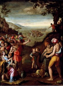 Röda havets passage Det hebreiska folket, på flykt från Egypten, korsar Röda havet, under ledning av Moses. Målning av Santi di Tito (1536-1603) Florens, skåp av Francois I, Palazzo Vecchio