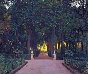 Trädgårdarna i Aranjuez, av Rusinol, Santiago (1861-1931). Olja på duk, ca 1899. Mått: 117x139 cm. Ablo samling